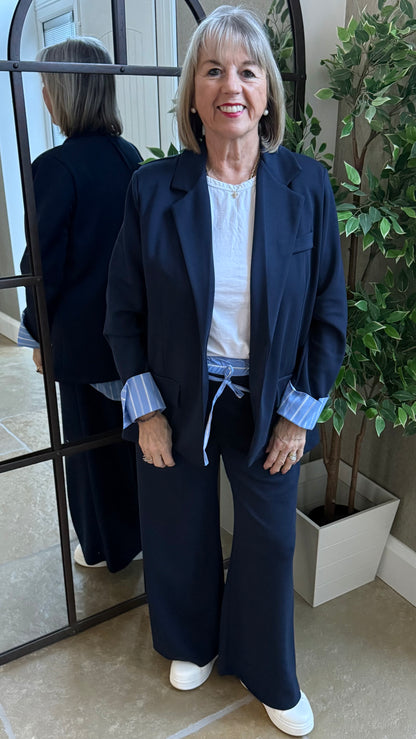 NAVY WIDE LEG TROUSER & STRIPE WAISTBAND BLAZER SET