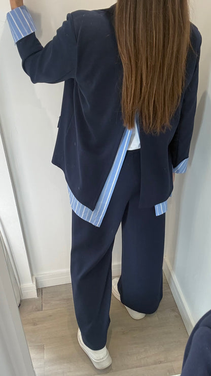 NAVY WIDE LEG TROUSER & STRIPE WAISTBAND BLAZER SET