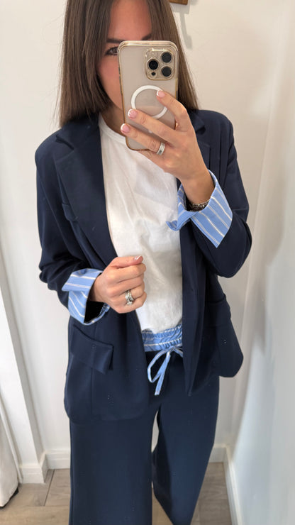 NAVY WIDE LEG TROUSER & STRIPE WAISTBAND BLAZER SET