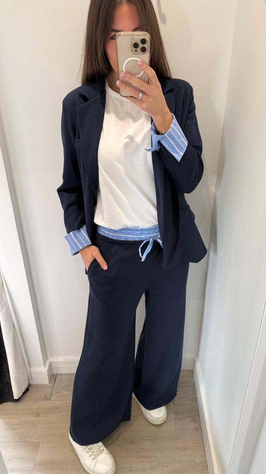 NAVY WIDE LEG TROUSER & STRIPE WAISTBAND BLAZER SET