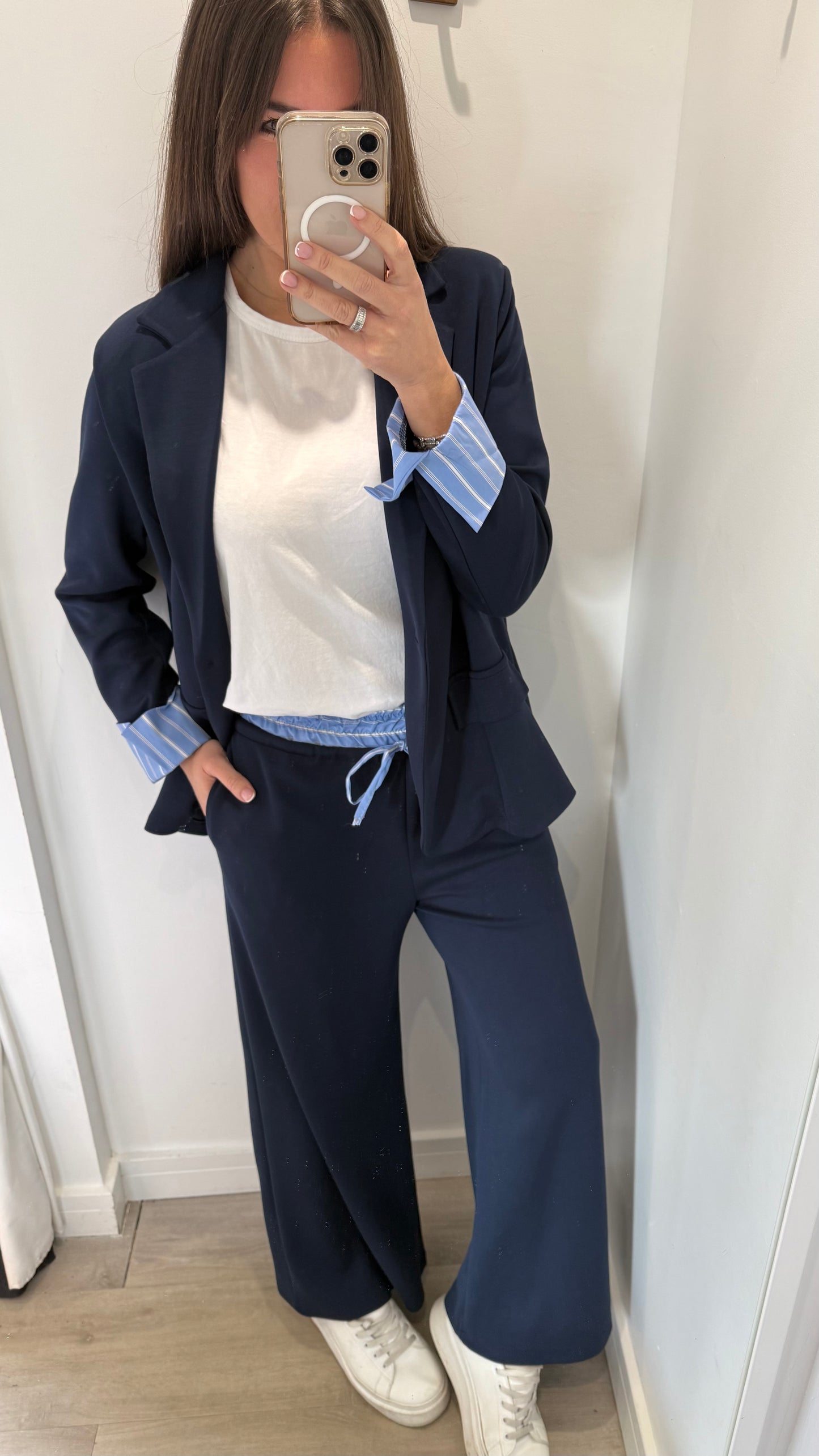 NAVY WIDE LEG TROUSER & STRIPE WAISTBAND BLAZER SET