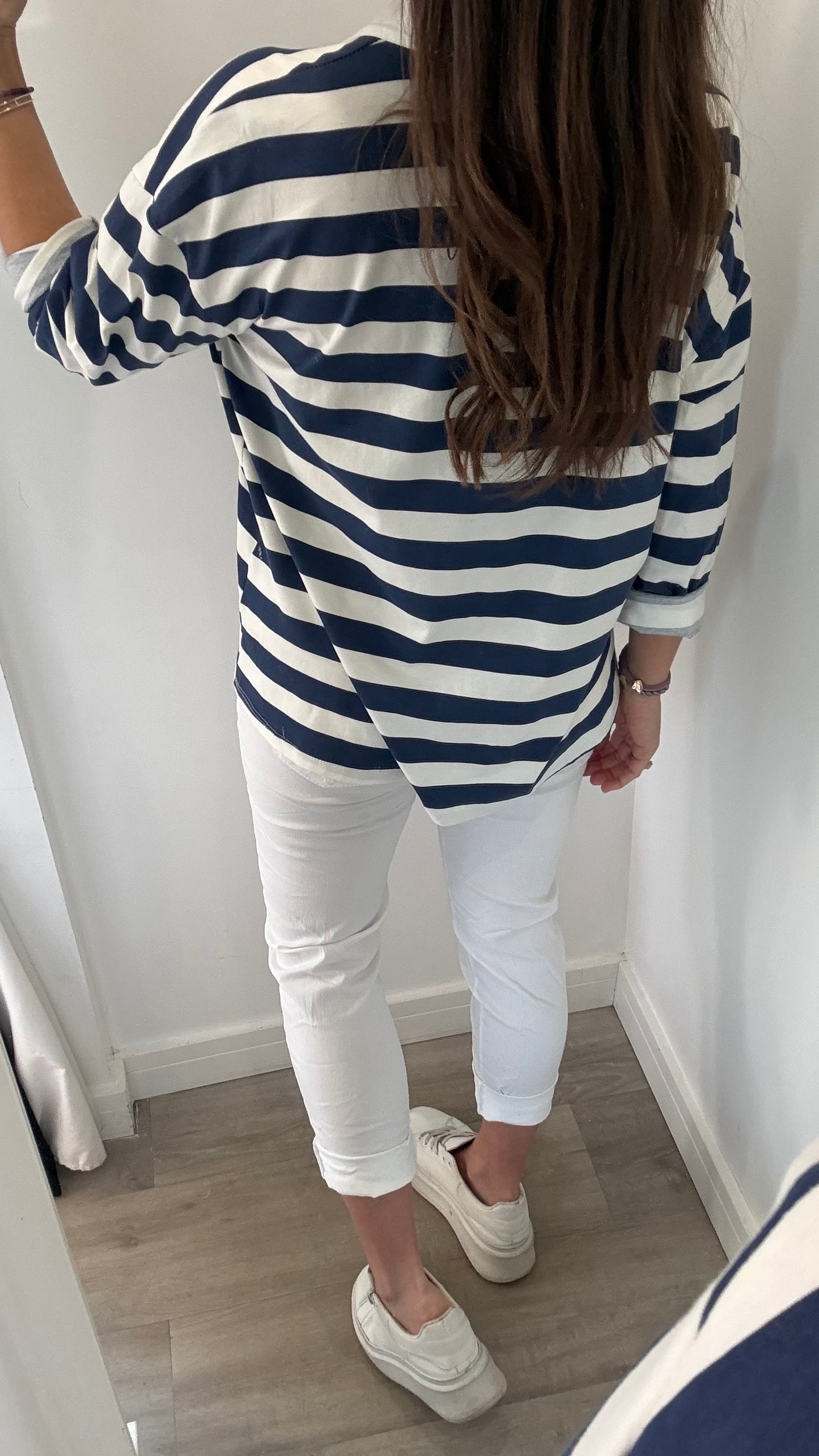 NAVY & WHITE STRIPE RUGBY STYLE COLLARED TOP
