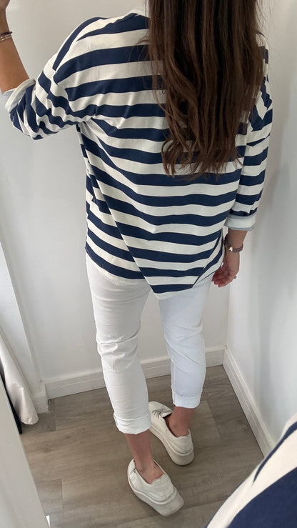 NAVY & WHITE STRIPE RUGBY STYLE COLLARED TOP
