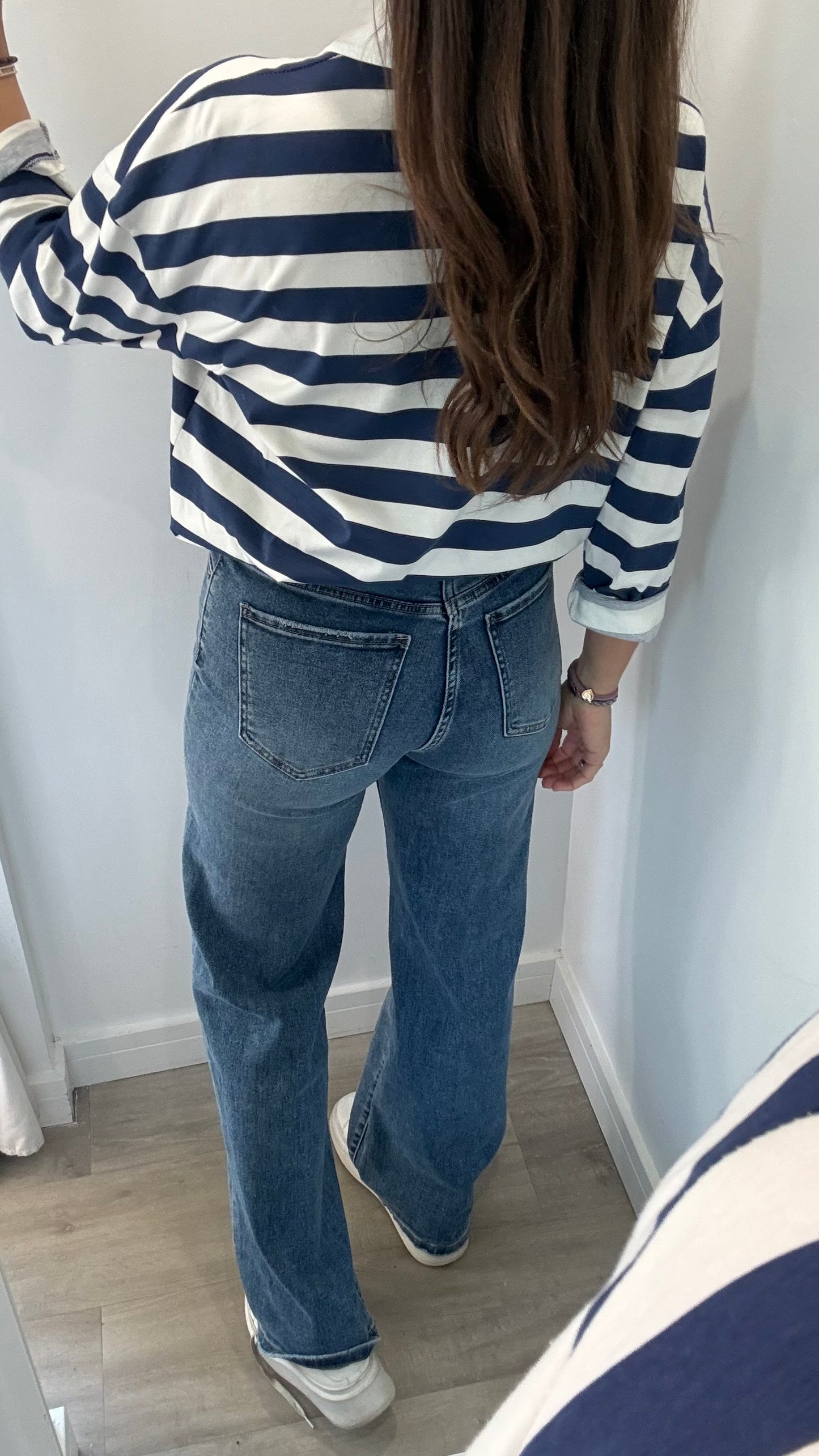NAVY & WHITE STRIPE RUGBY STYLE COLLARED TOP