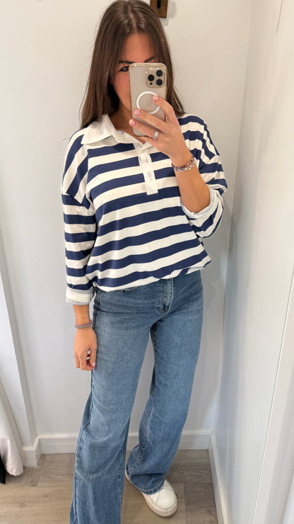 NAVY & WHITE STRIPE RUGBY STYLE COLLARED TOP