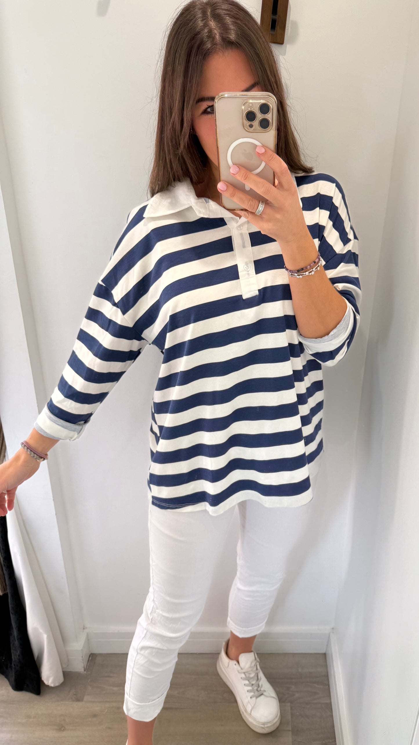 NAVY & WHITE STRIPE RUGBY STYLE COLLARED TOP