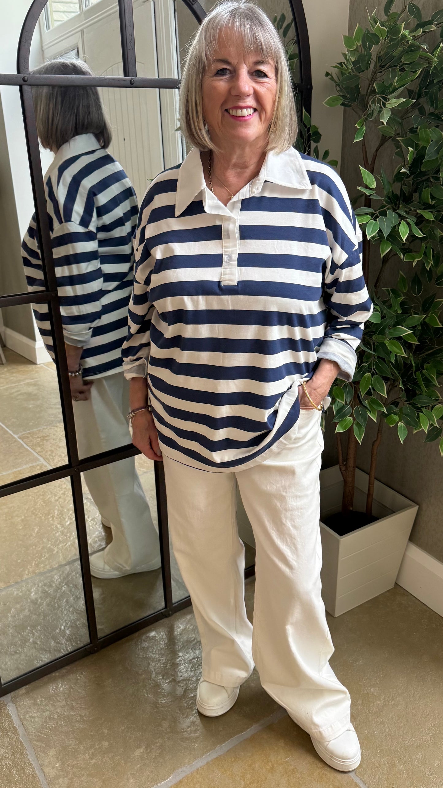 NAVY & WHITE STRIPE RUGBY STYLE COLLARED TOP