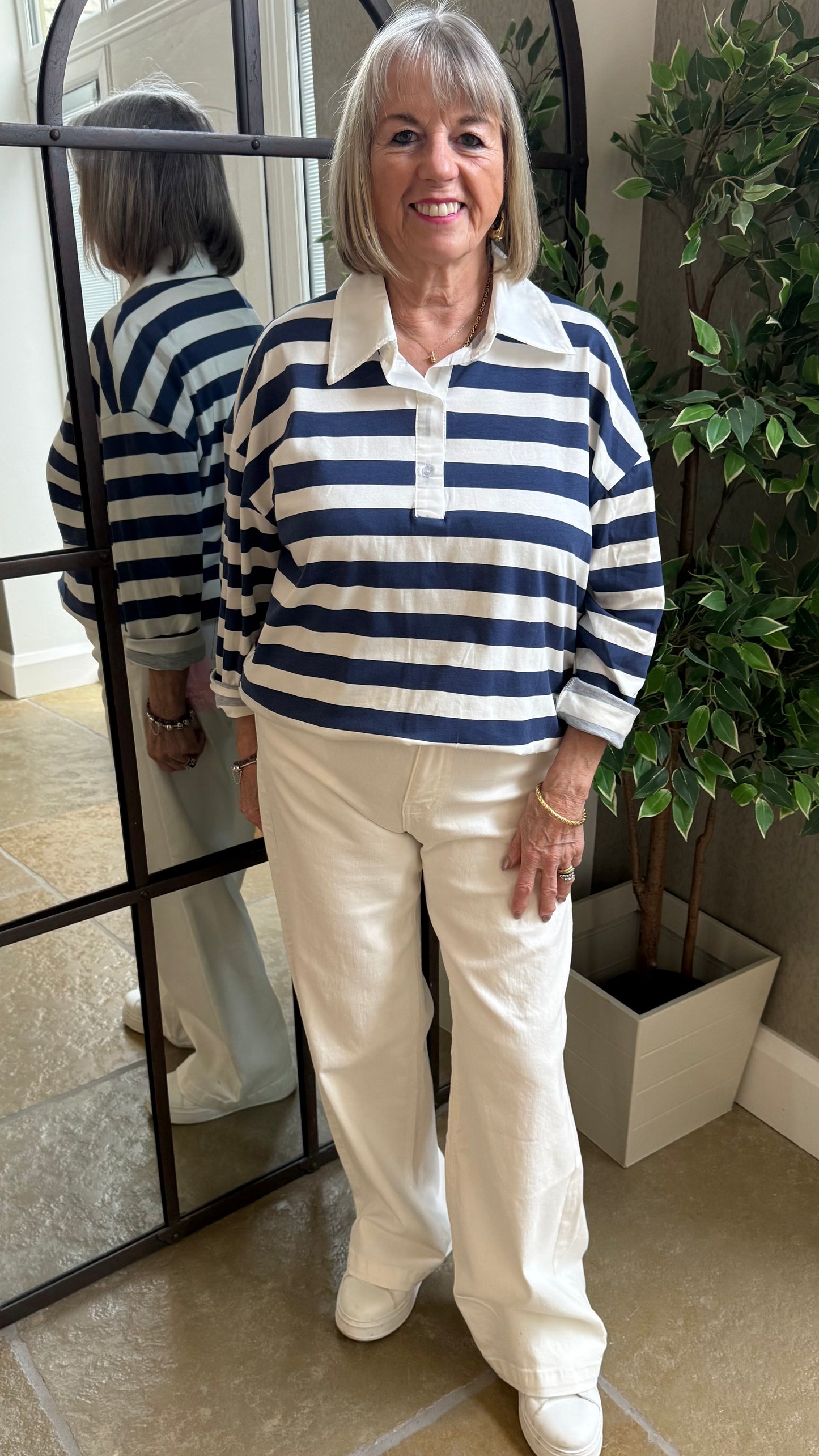 NAVY & WHITE STRIPE RUGBY STYLE COLLARED TOP