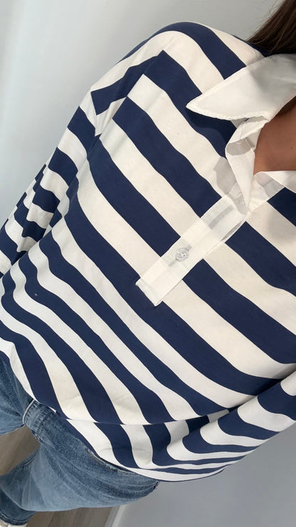 NAVY & WHITE STRIPE RUGBY STYLE COLLARED TOP
