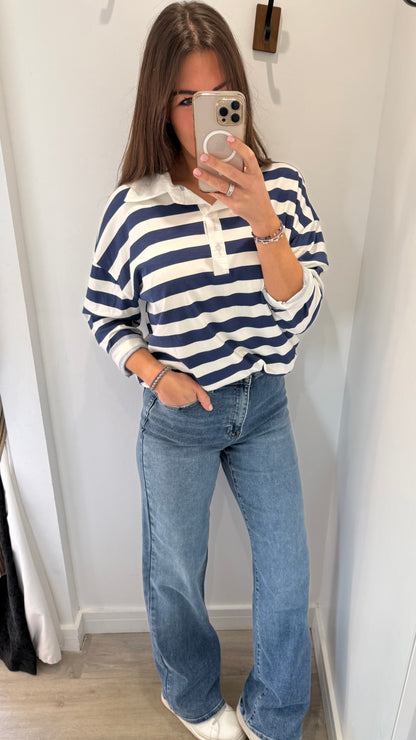 NAVY & WHITE STRIPE RUGBY STYLE COLLARED TOP