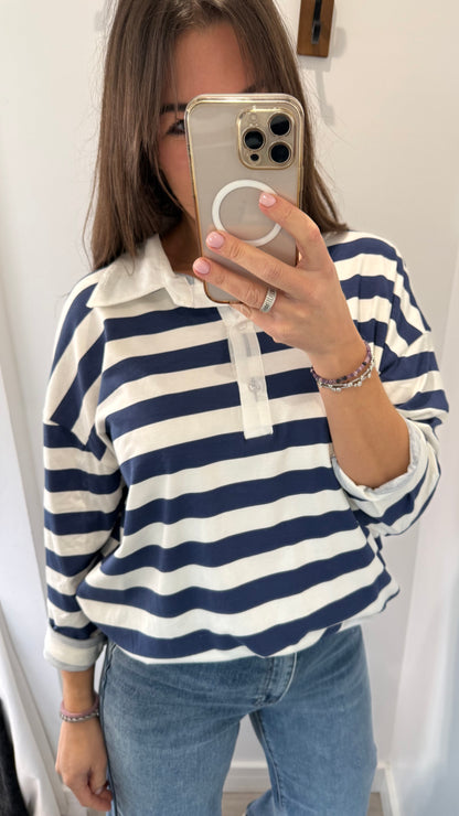 NAVY & WHITE STRIPE RUGBY STYLE COLLARED TOP