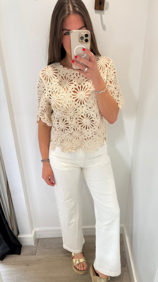 NUDE CROCHET SEQUIN TOP