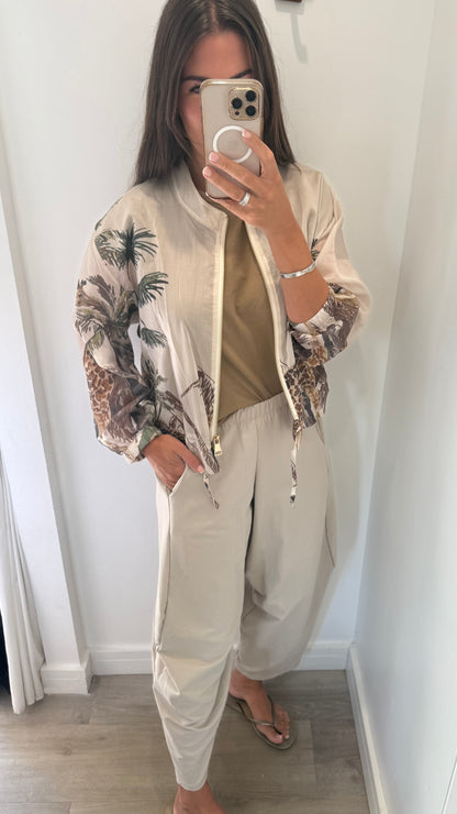 NUDE SAFARI PRINT SILKY BOMBER JACKET
