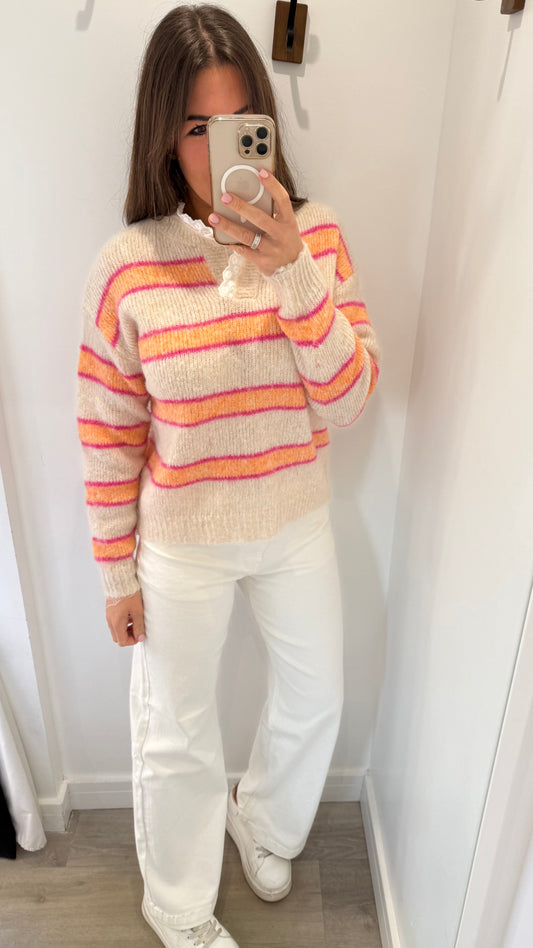 NUDE STRIPE KNIT JUMPER WITH FRILL COLLAR