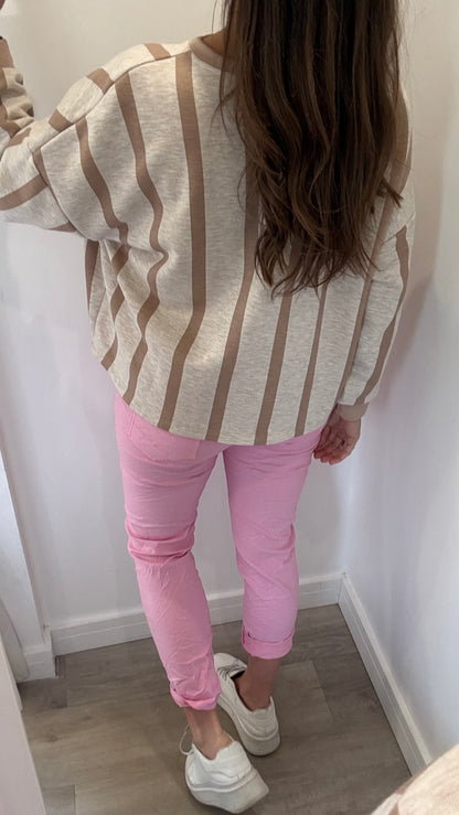 NUDE & MOCHA VERTICAL STRIPE SWEAT TOP