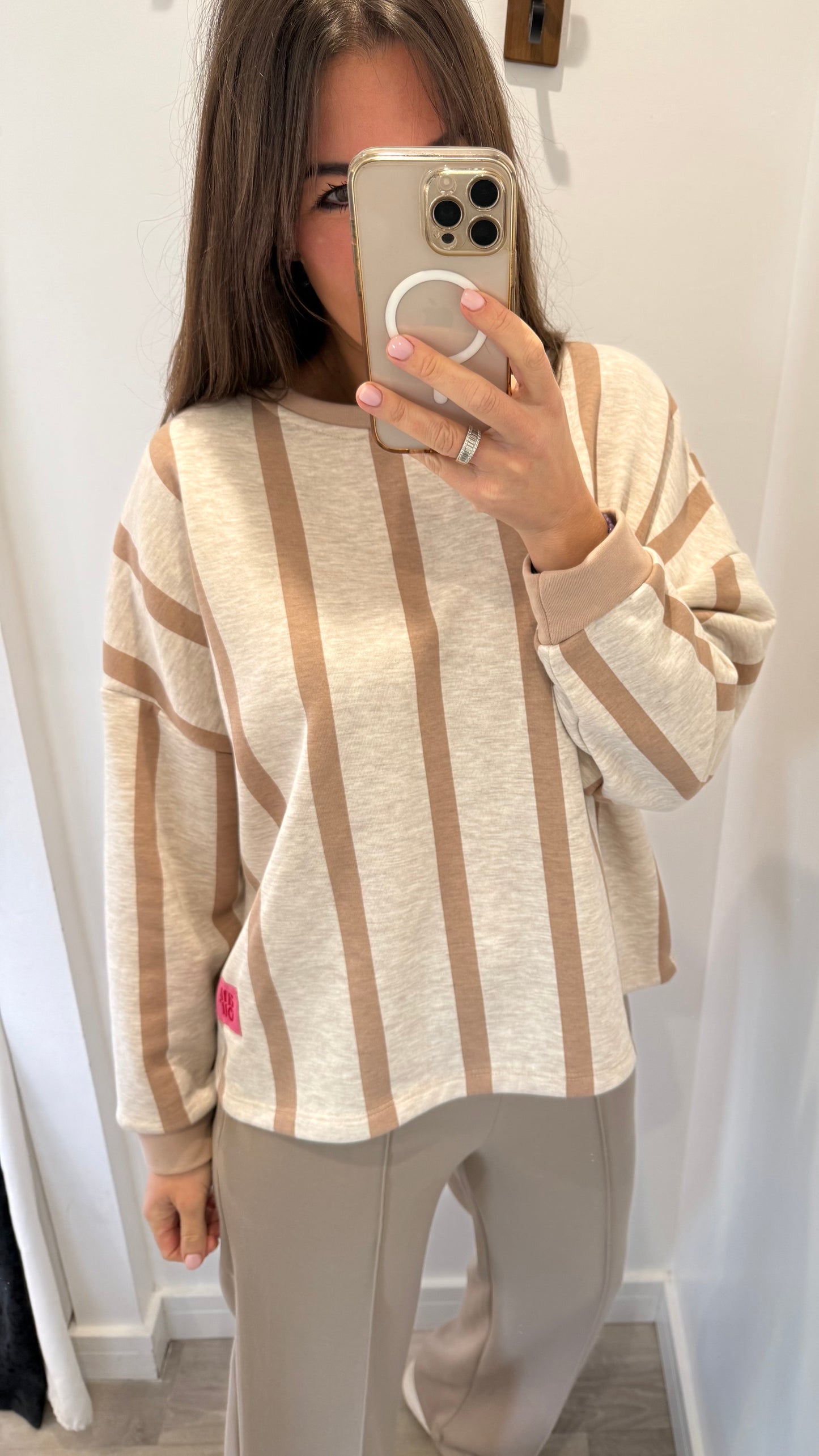 NUDE & MOCHA VERTICAL STRIPE SWEAT TOP