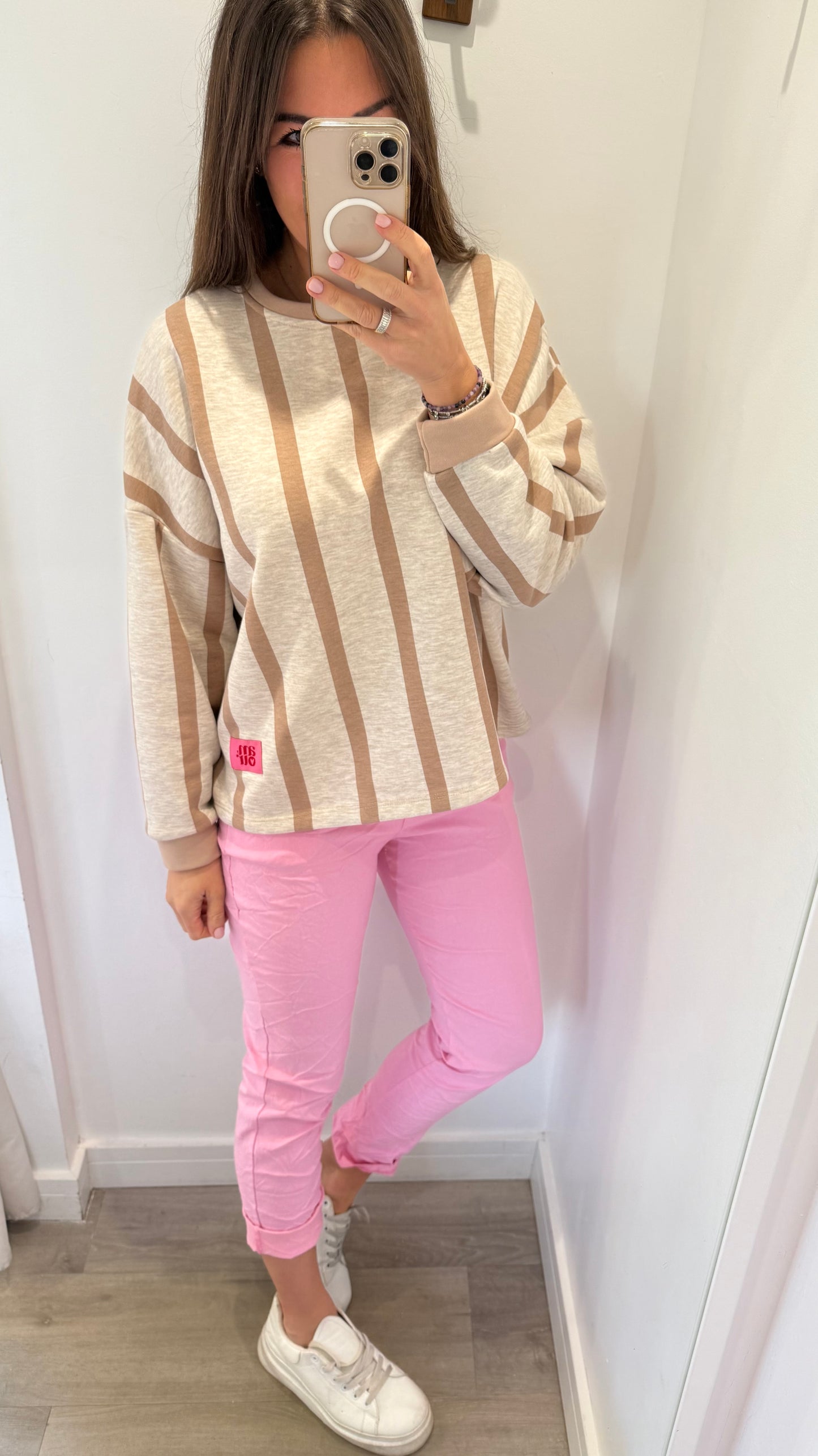 NUDE & MOCHA VERTICAL STRIPE SWEAT TOP