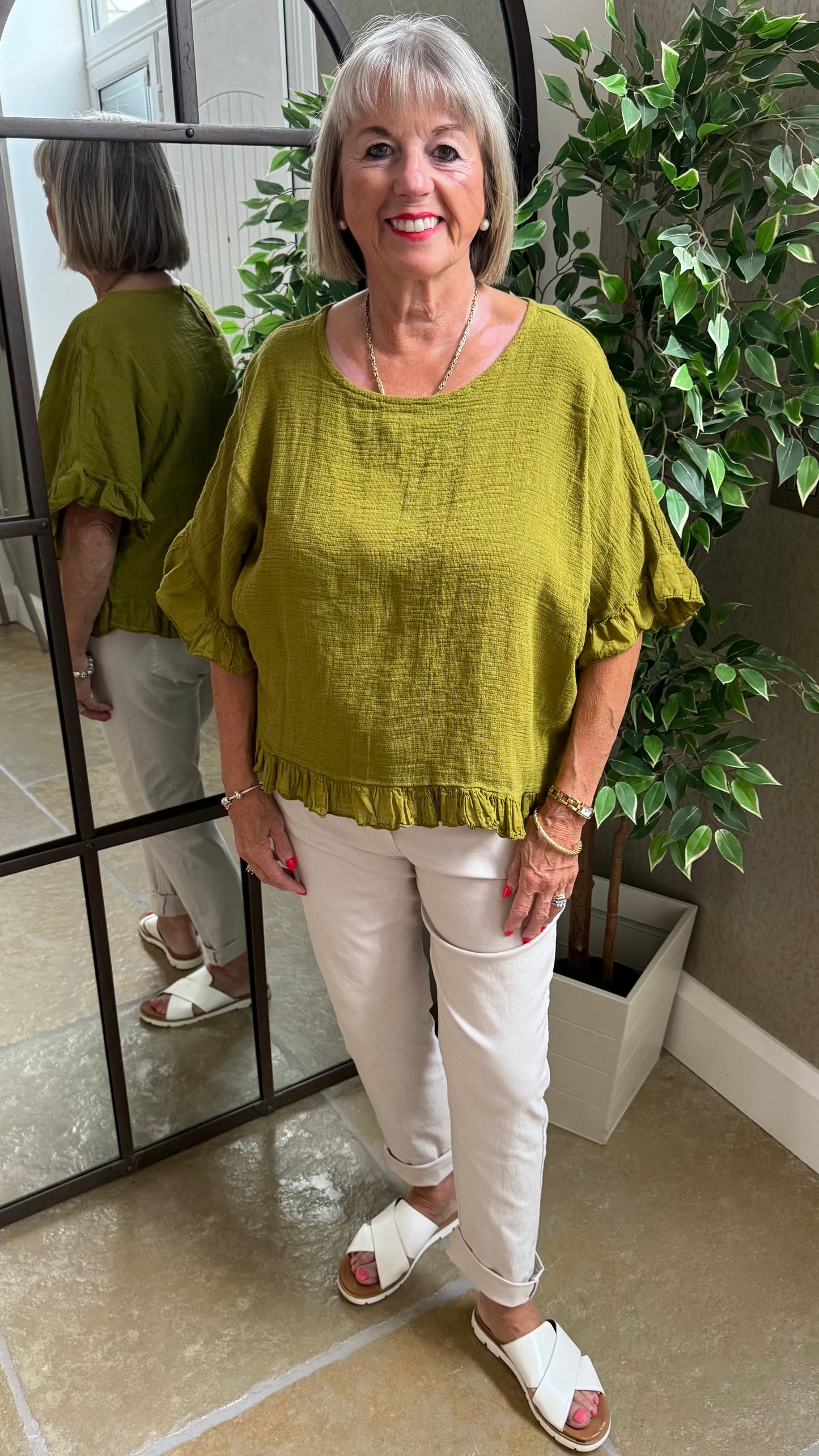 FRILL HEM COTTON TOP – OLIVE GREEN