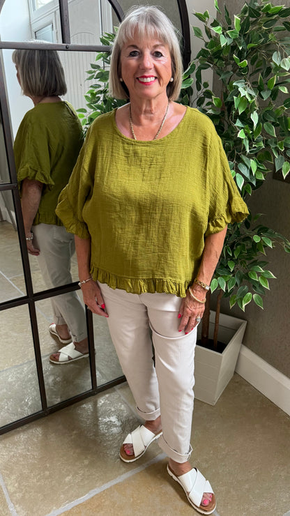 FRILL HEM COTTON TOP – OLIVE GREEN