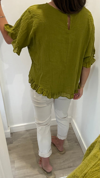 FRILL HEM COTTON TOP – OLIVE GREEN