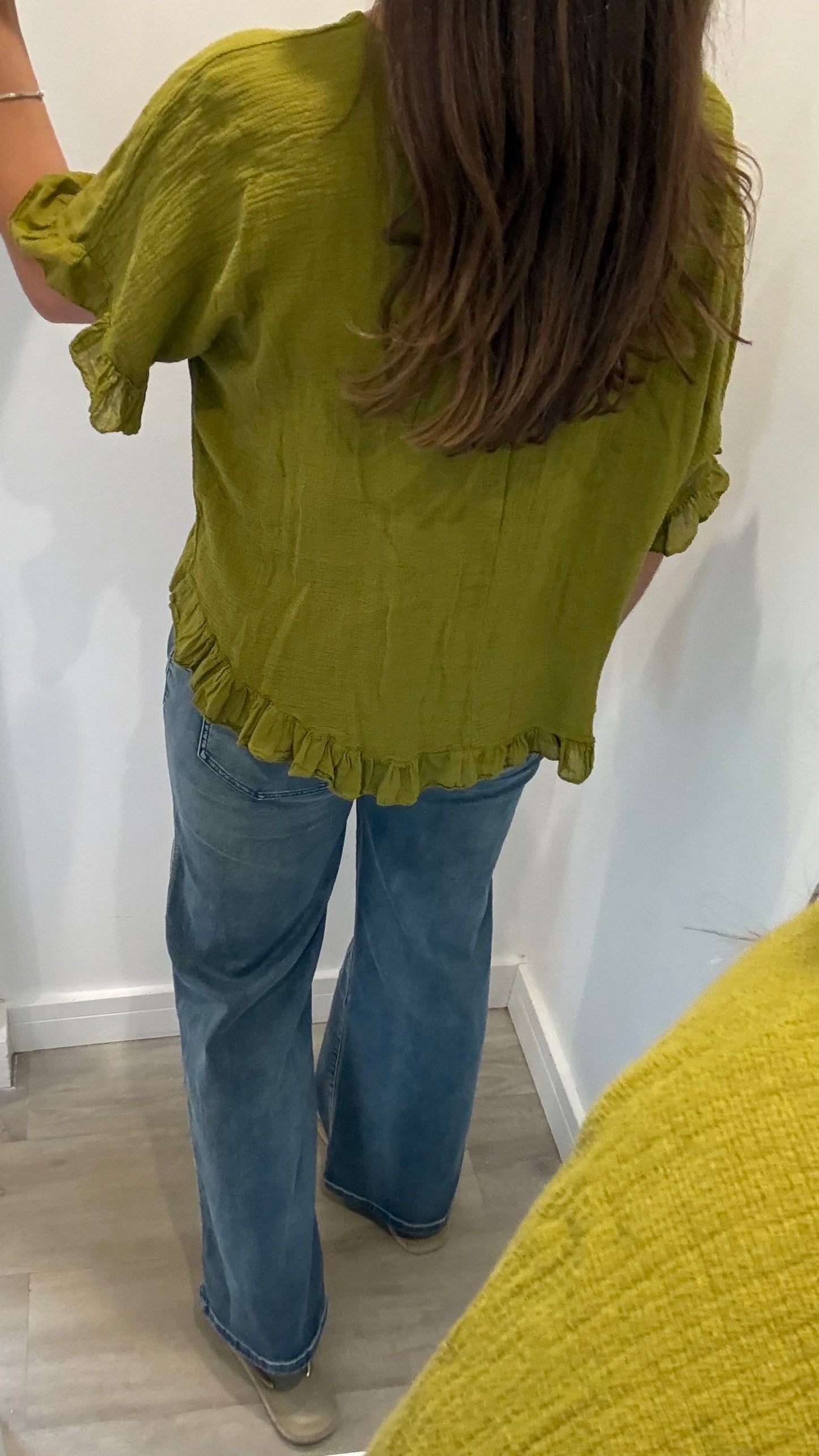 FRILL HEM COTTON TOP – OLIVE GREEN