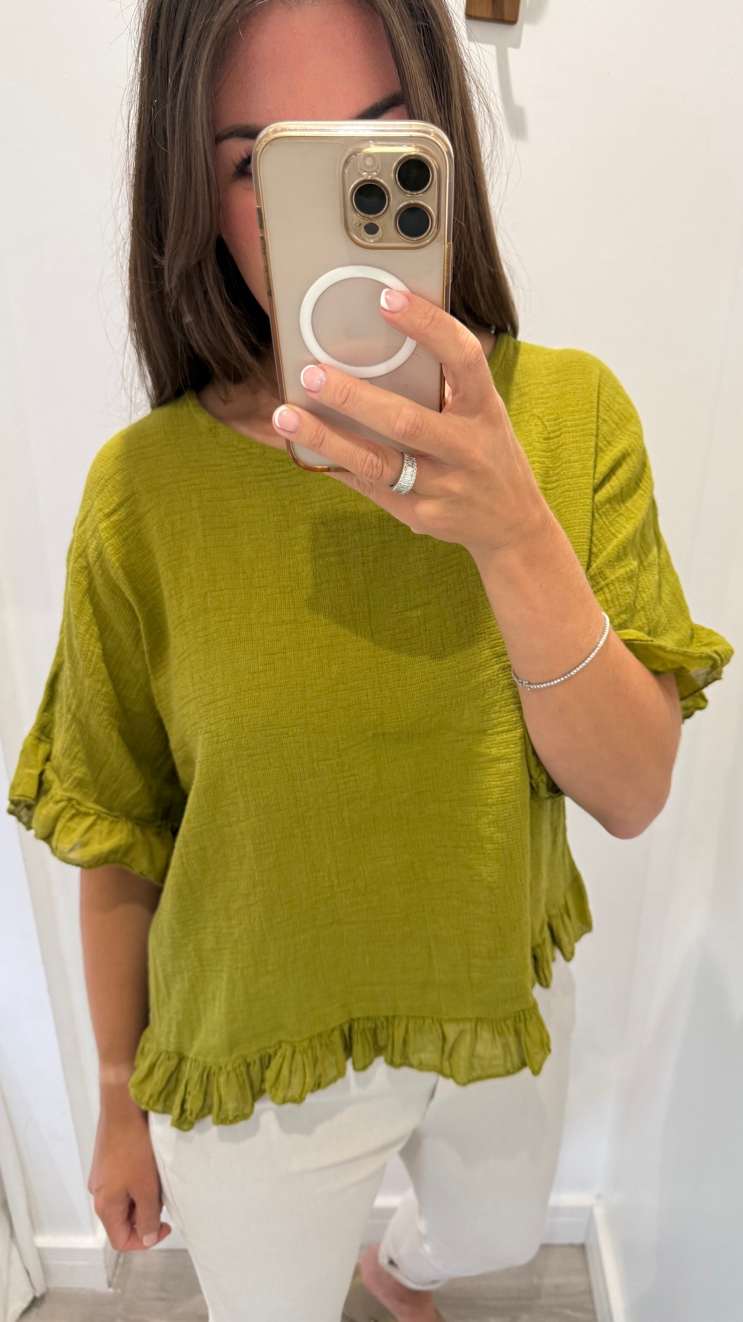 FRILL HEM COTTON TOP – OLIVE GREEN