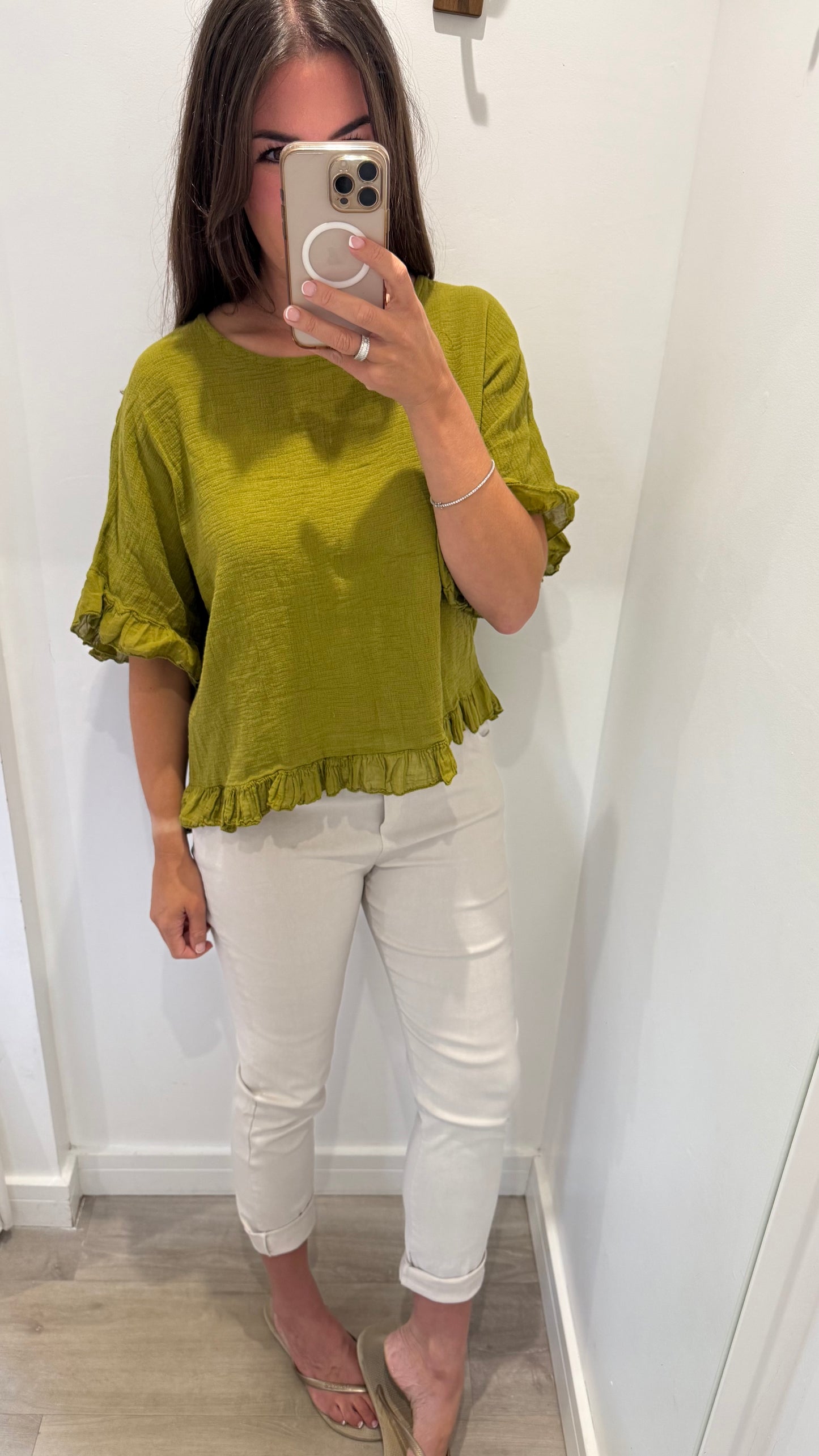 FRILL HEM COTTON TOP – OLIVE GREEN