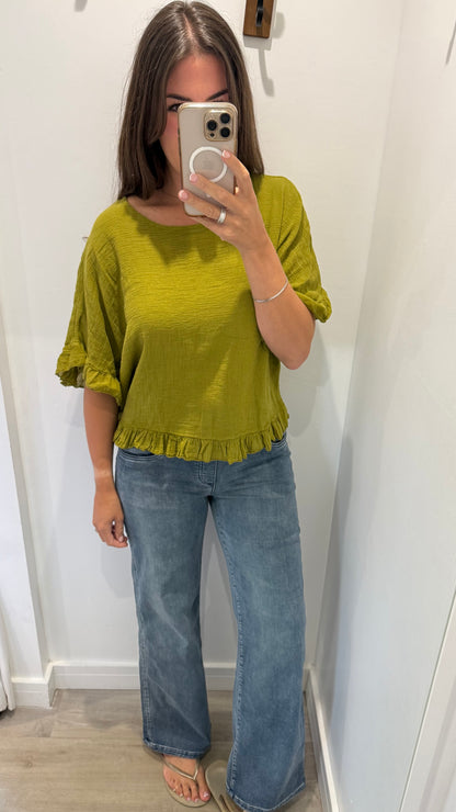 FRILL HEM COTTON TOP – OLIVE GREEN