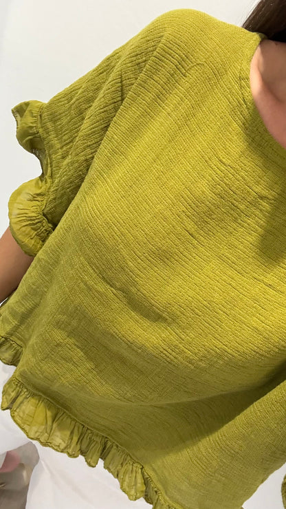 FRILL HEM COTTON TOP – OLIVE GREEN