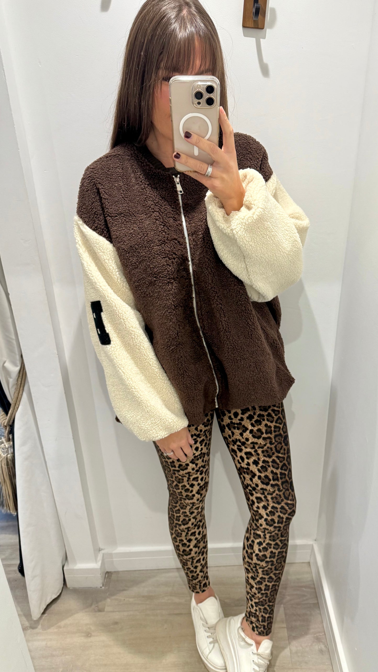 OVERSIZED TEDDY ZIP FLEECE – BROWN & CREAM WITH ‘B’ DETAIL