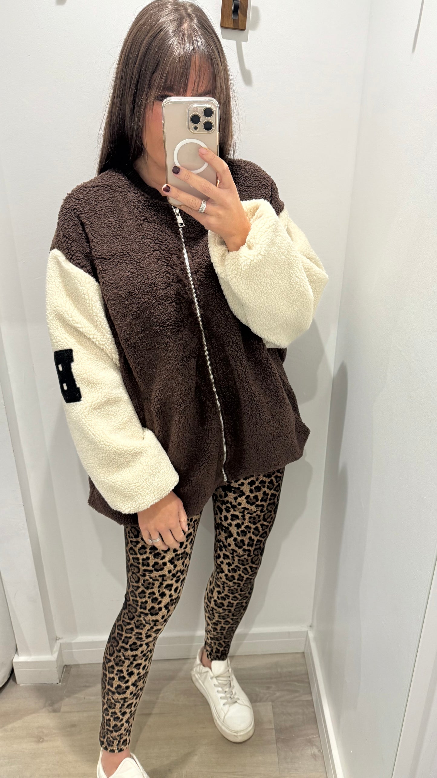 OVERSIZED TEDDY ZIP FLEECE – BROWN & CREAM WITH ‘B’ DETAIL