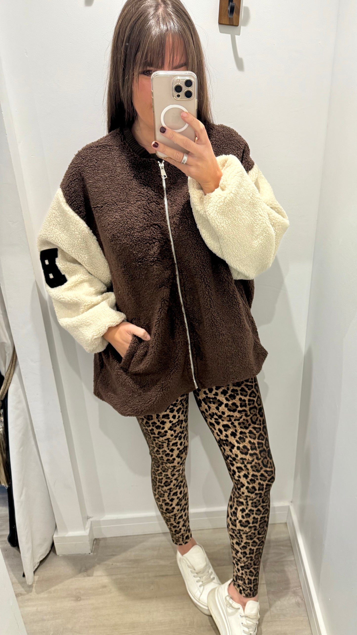 OVERSIZED TEDDY ZIP FLEECE – BROWN & CREAM WITH ‘B’ DETAIL