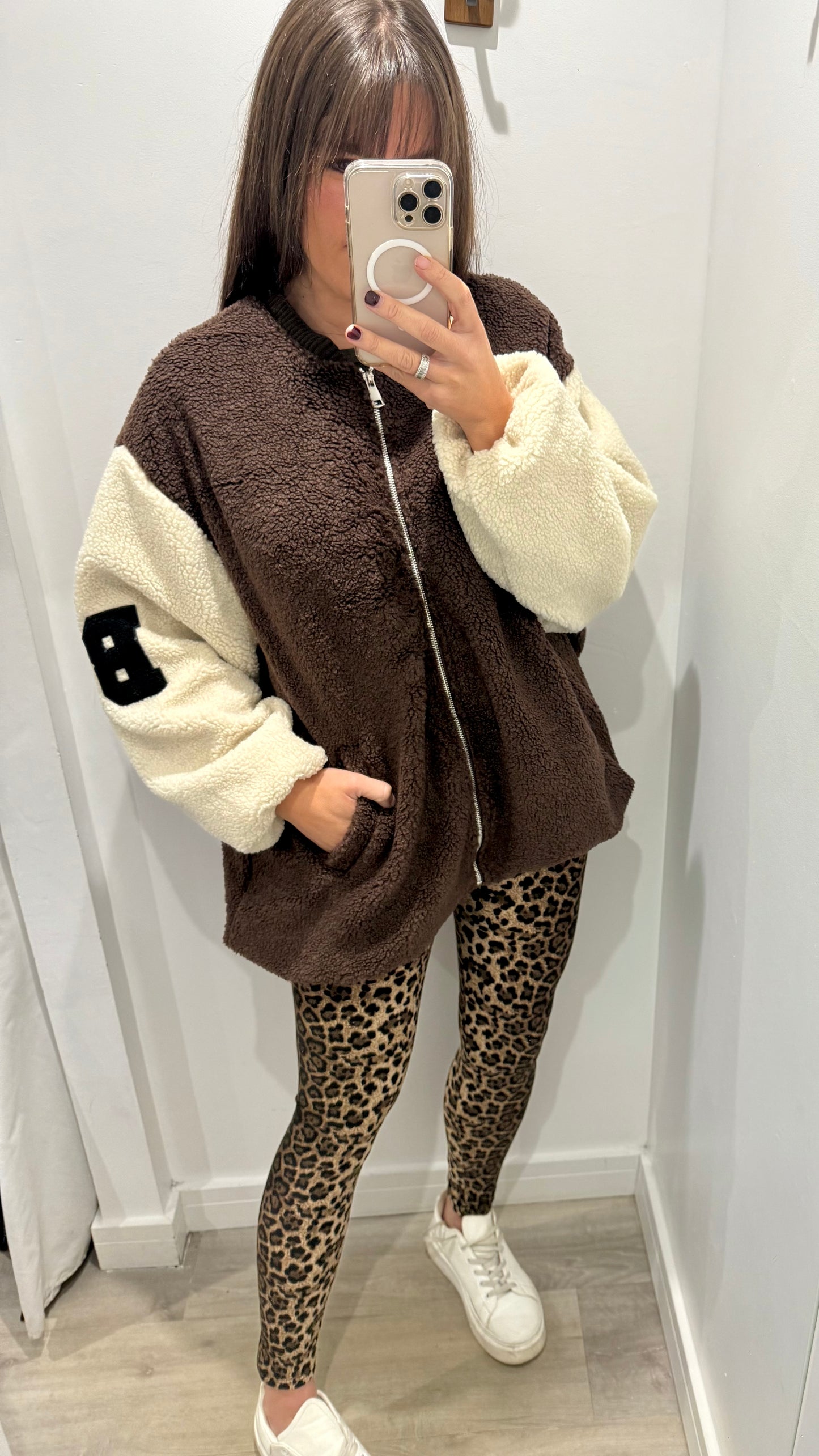 OVERSIZED TEDDY ZIP FLEECE – BROWN & CREAM WITH ‘B’ DETAIL