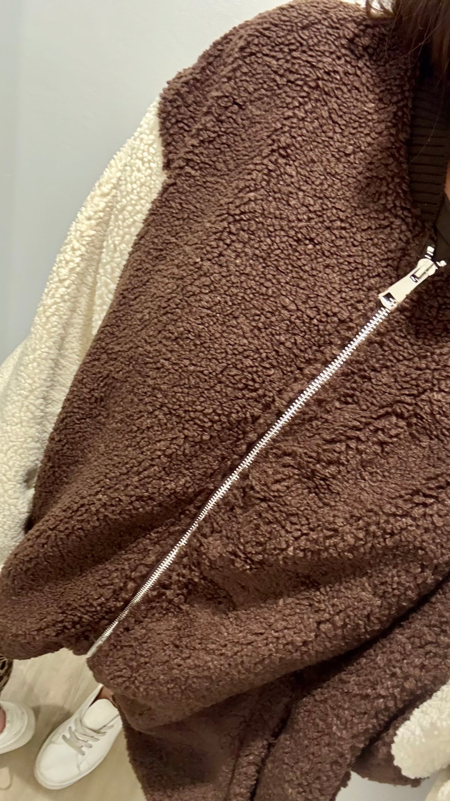 OVERSIZED TEDDY ZIP FLEECE – BROWN & CREAM WITH ‘B’ DETAIL
