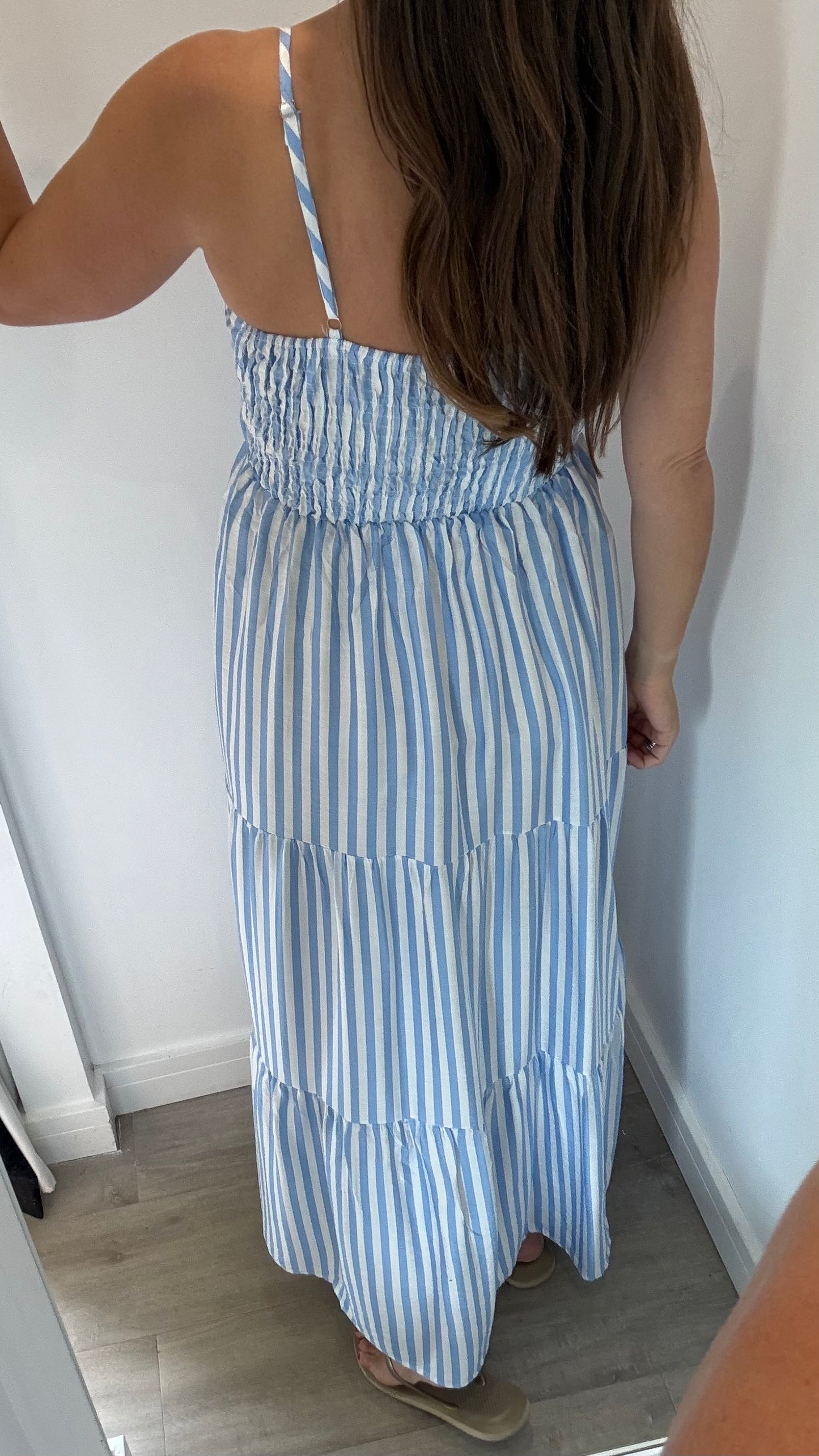 PALE BLUE & WHITE STRIPE TIERED DRESS