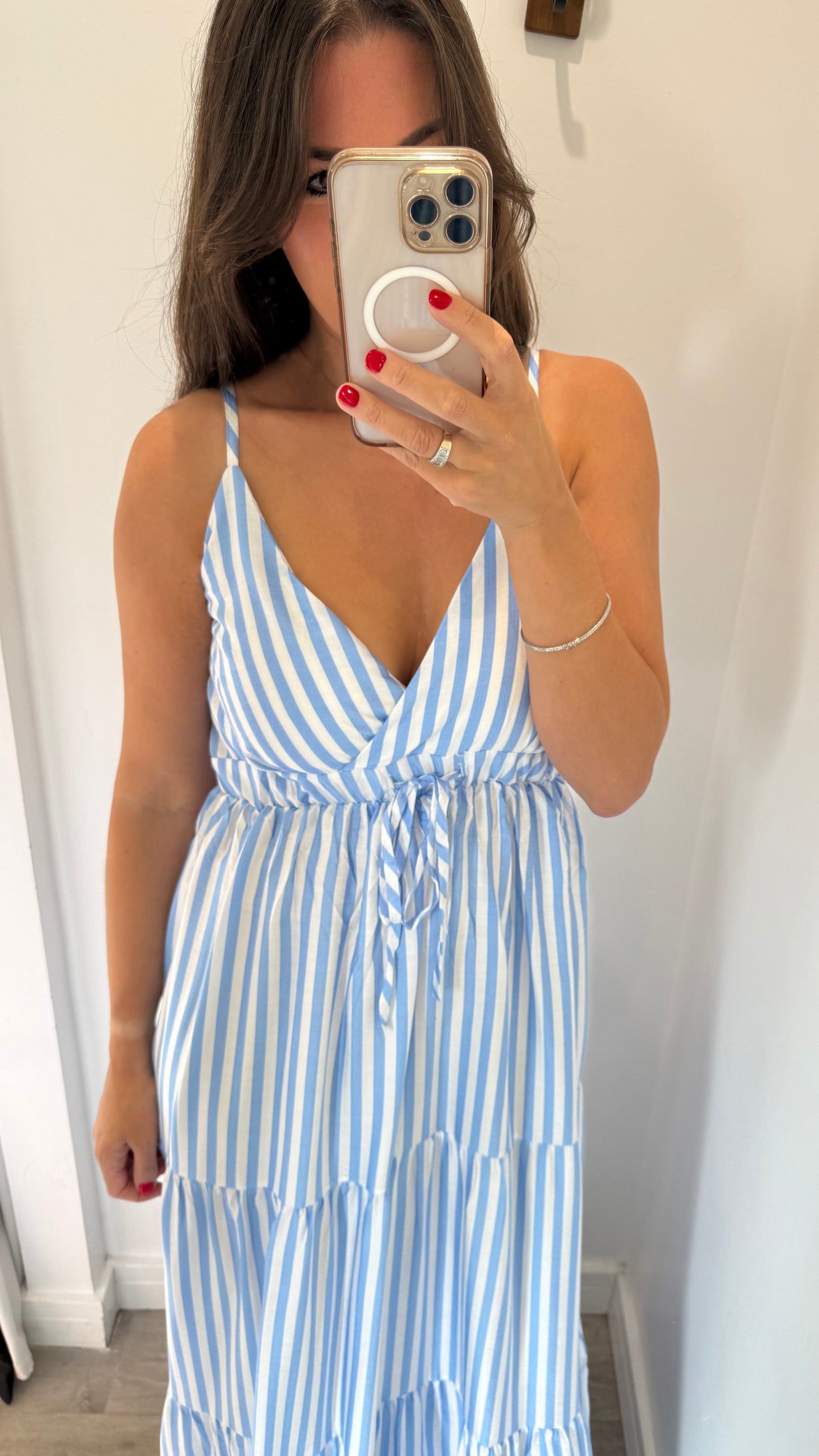PALE BLUE & WHITE STRIPE TIERED DRESS