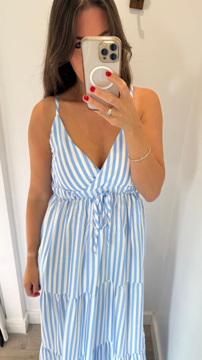 PALE BLUE & WHITE STRIPE TIERED DRESS