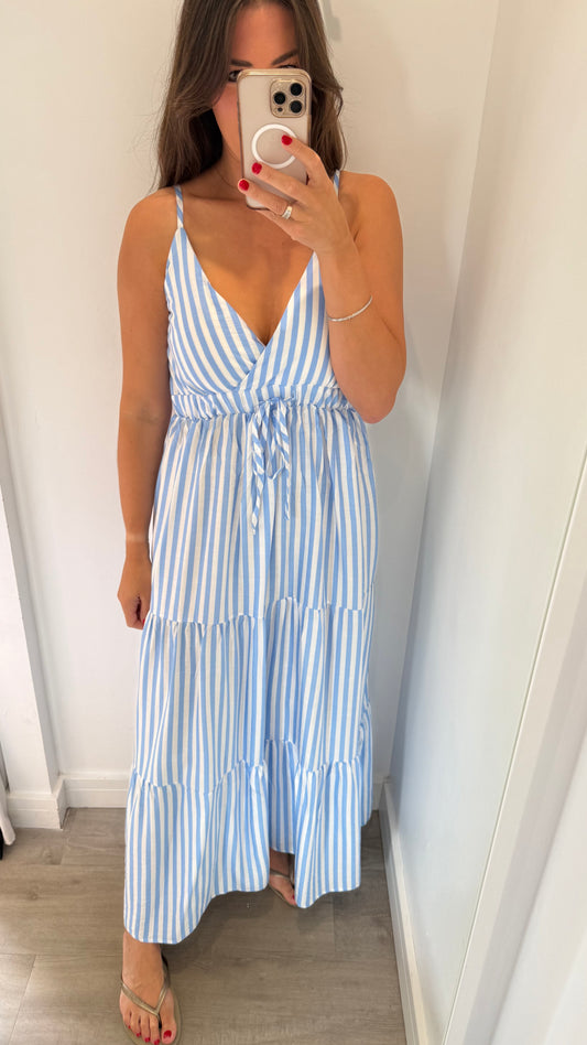 PALE BLUE & WHITE STRIPE TIERED DRESS