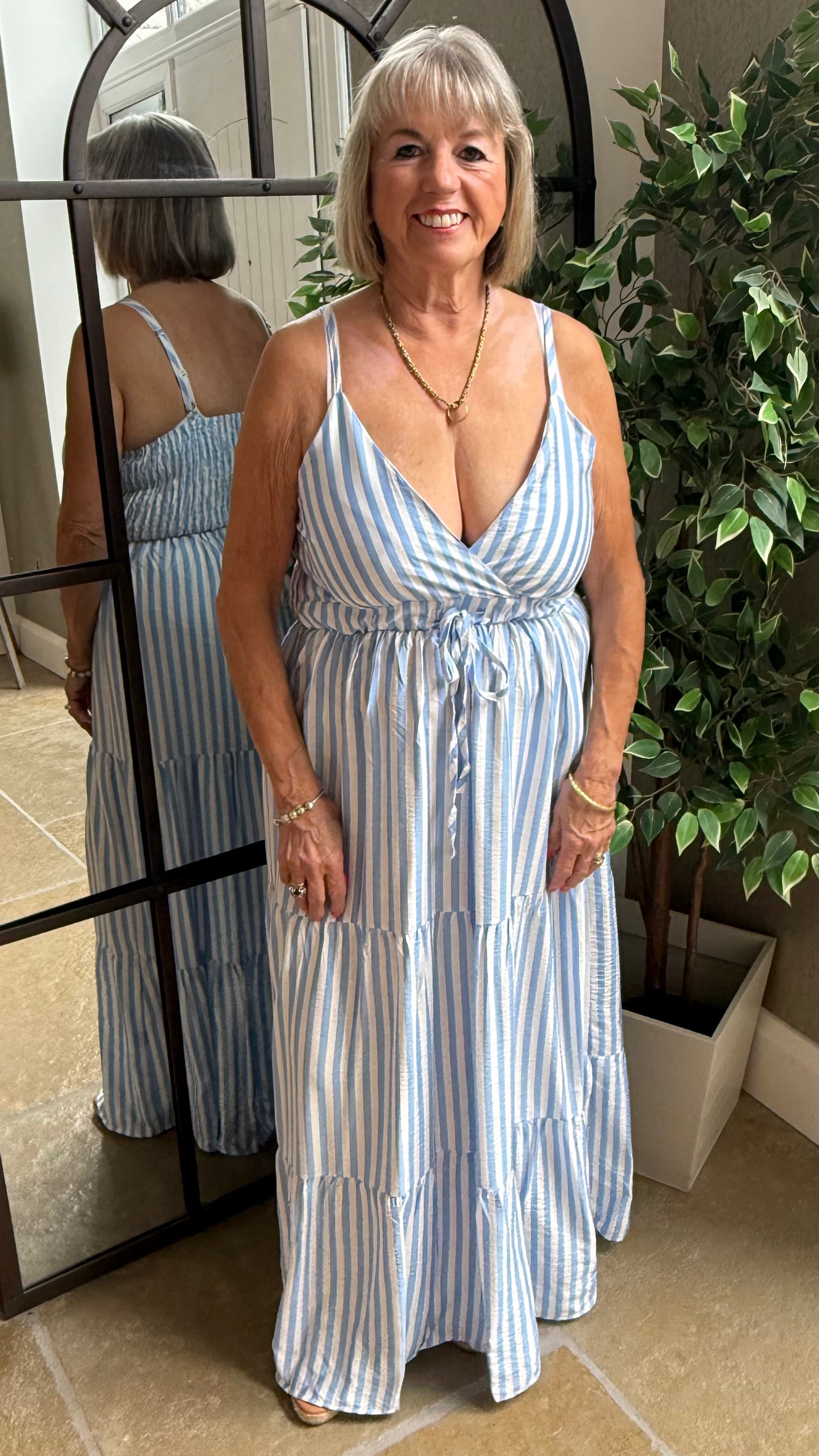 PALE BLUE & WHITE STRIPE TIERED DRESS
