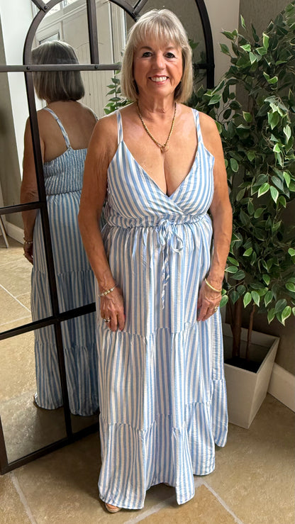 PALE BLUE & WHITE STRIPE TIERED DRESS
