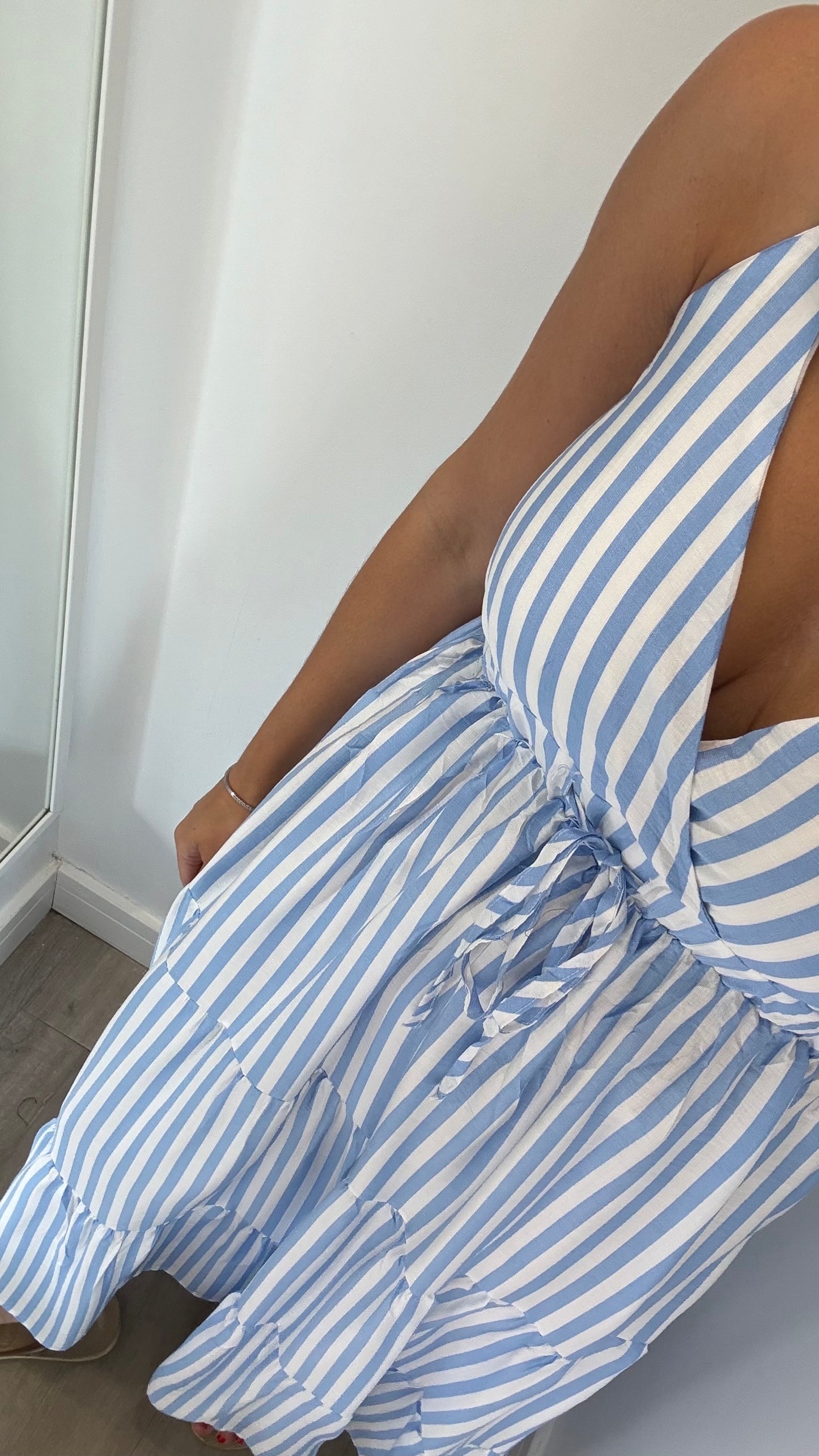 PALE BLUE & WHITE STRIPE TIERED DRESS