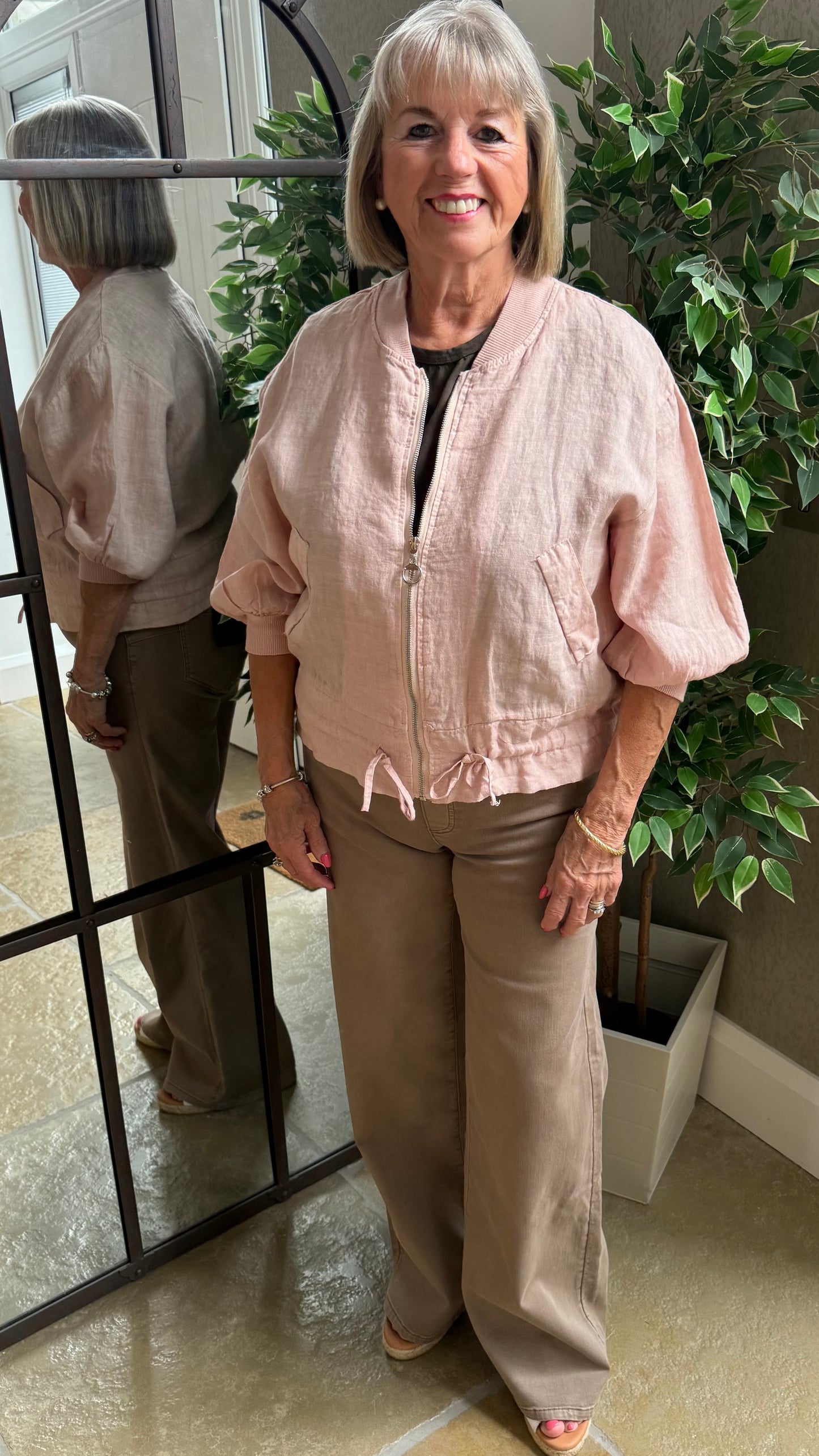 PALE PINK LINEN BOMBER JACKET
