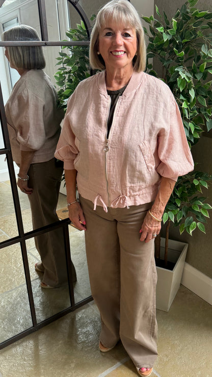 PALE PINK LINEN BOMBER JACKET