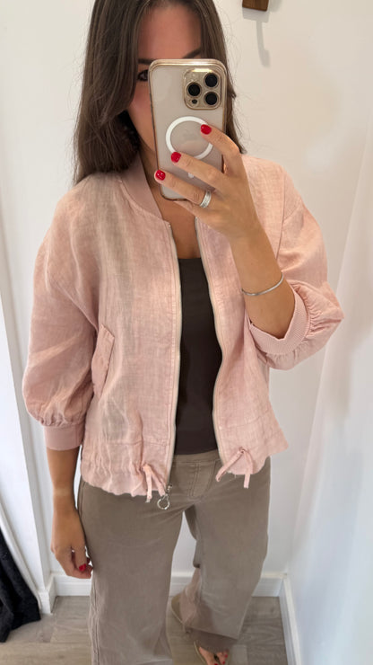 PALE PINK LINEN BOMBER JACKET