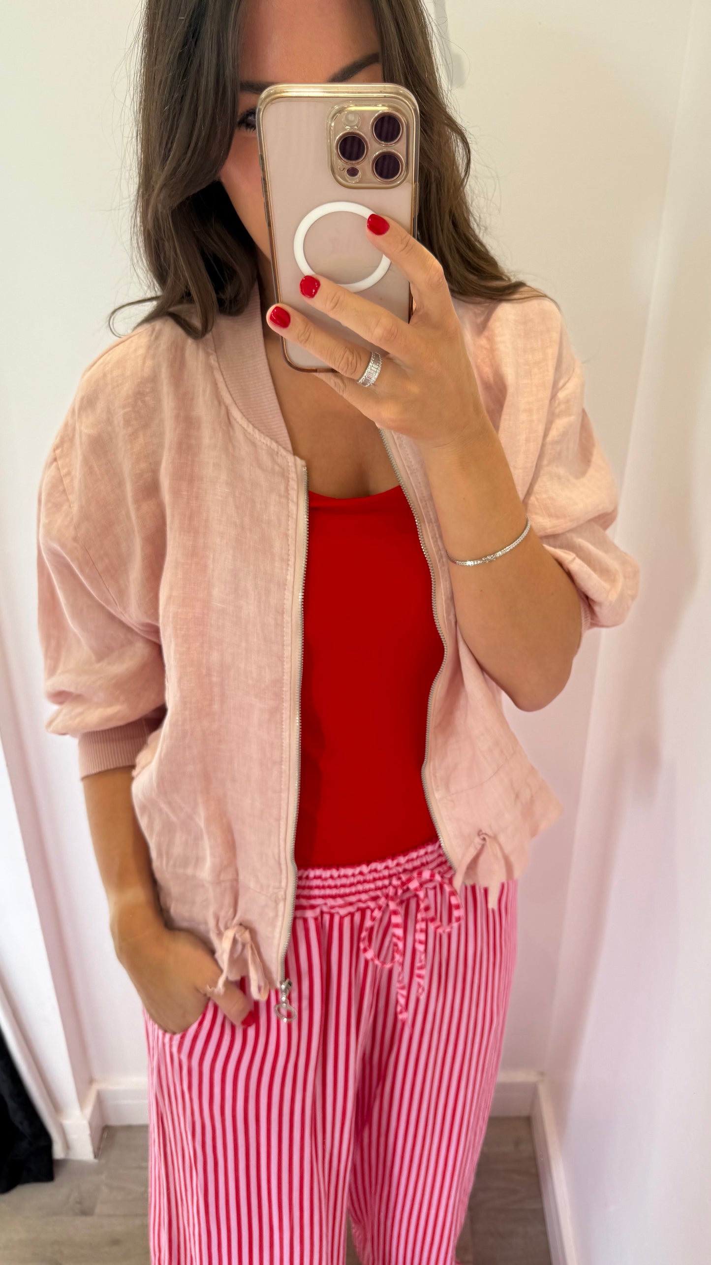 PALE PINK LINEN BOMBER JACKET