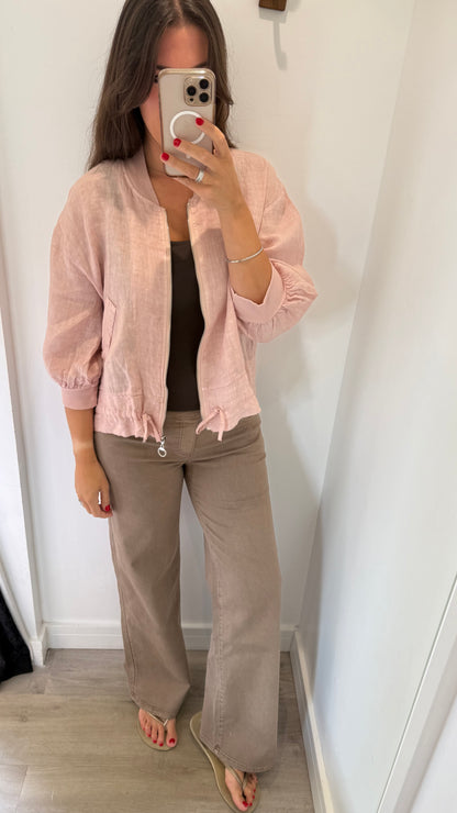 PALE PINK LINEN BOMBER JACKET