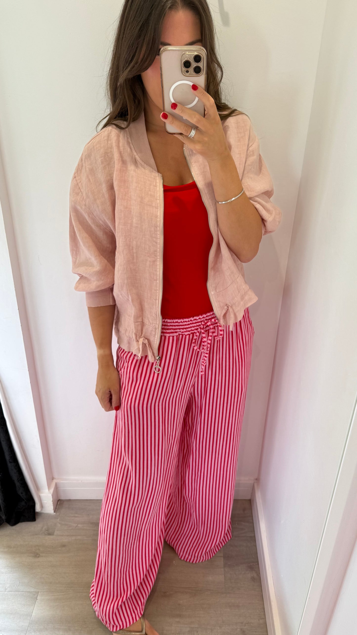 PALE PINK LINEN BOMBER JACKET