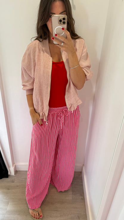 PALE PINK LINEN BOMBER JACKET
