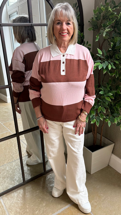 PINK & BROWN STRIPE COLLARED KNIT