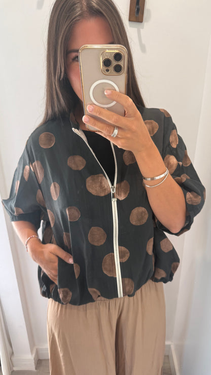 POLKA DOT SILKY BOMBER JACKET – BLACK